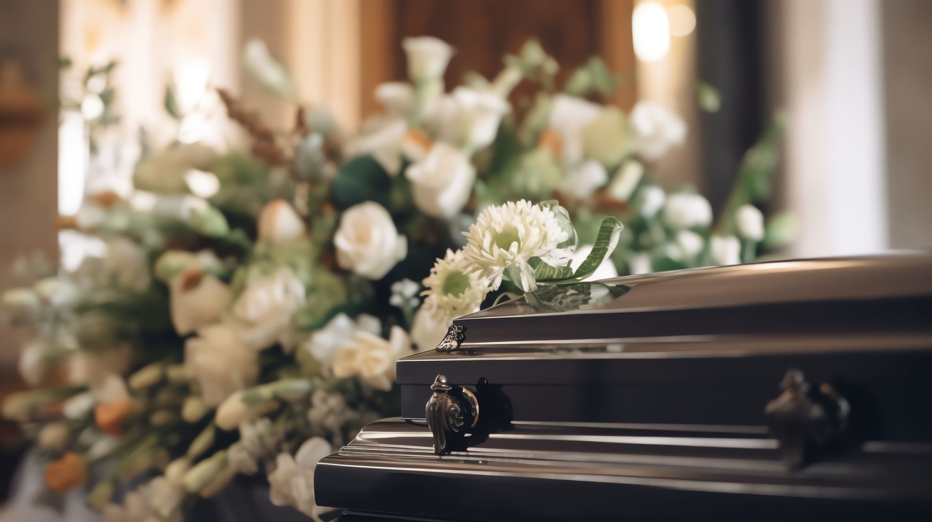 Cercueil noir à côté d'un arrangement floral blanc dans un cadre funéraire à l'éclairage tamisé
