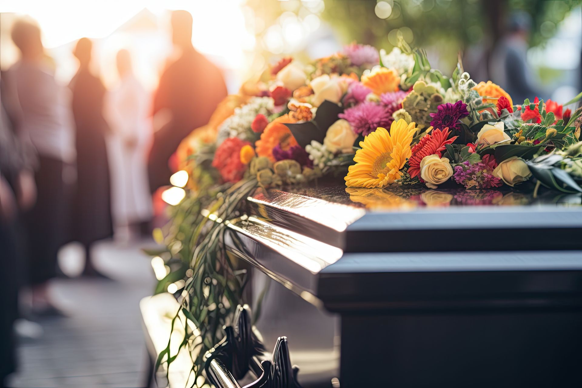 Cercueil recouvert de fleurs lors d'un enterrement, avec des personnes en deuil floues en arrière-plan.