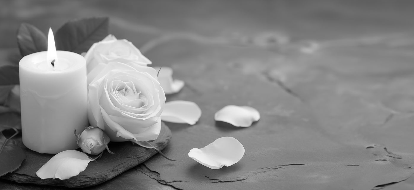 Bougie blanche et rose sur une surface sombre aux pétales éparpillés
