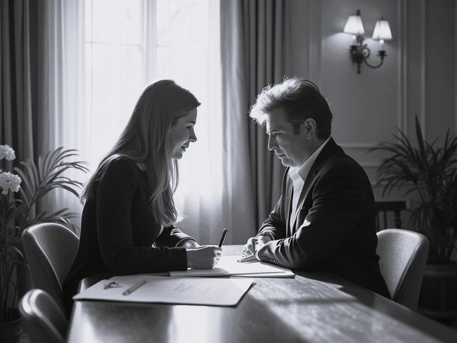 Deux personnes en tenue de travail discutent de documents autour d'une table dans une pièce à l'éclairage tamisé.