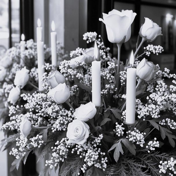 Des roses blanches et des bougies disposées en composition florale commémorative