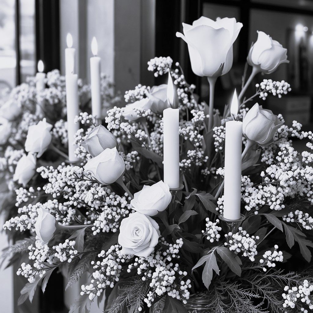 Un bouquet commémoratif composé de roses blanches et de bougies