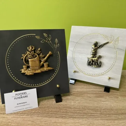 Deux trophées encadrés décoratifs posés sur une table en bois, l'un noir et l'autre blanc, ornés de dorures.