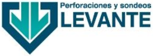 Logo de Perforaciones y Sondeos LEVANTE en azul turquesa y gris con forma geométrica.