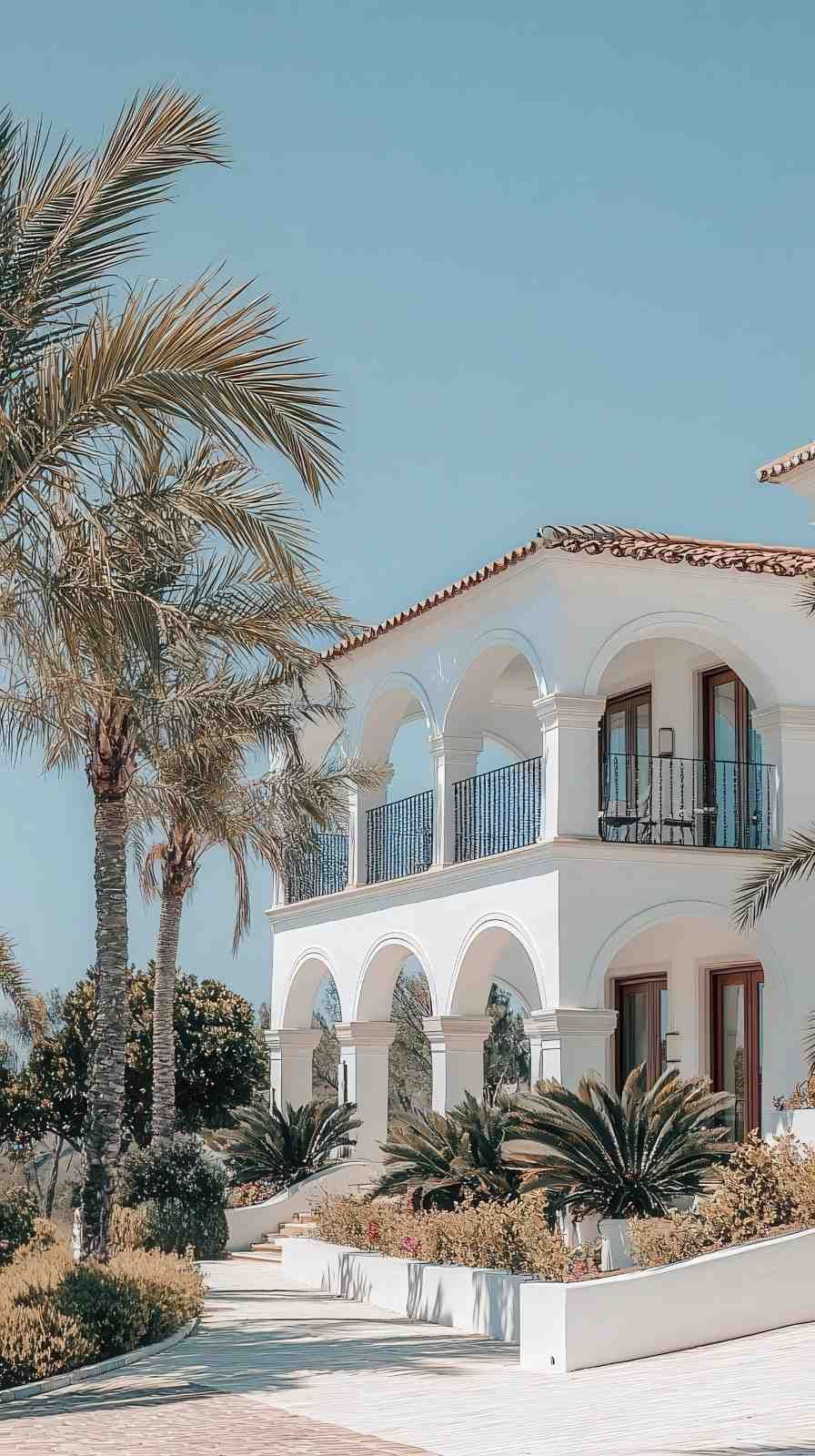 Una villa blanca de varias plantas de estilo mediterráneo, con balcones arqueados y palmeras bajo un cielo azul despejado.