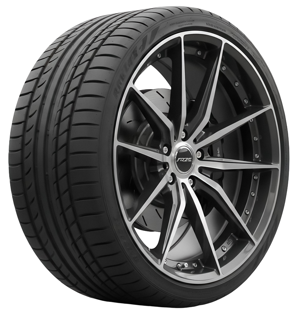 Un pneu de voiture et une jante élégante en métal gris foncé à plusieurs rayons, avec des accents argentés, isolés sur un fond blanc.