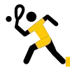 Gráfico amarillo y negro de una persona jugando ráquetbol, balanceando su raqueta hacia la pelota.