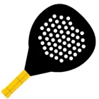 Pala de pádel de color negro y amarillo con cabeza perforada y mango amarillo.