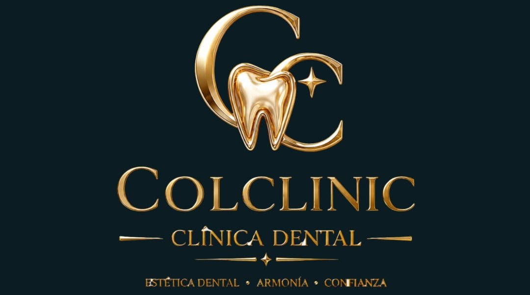 Logotipo de Colclinic Dental en color dorado sobre fondo oscuro, con un diseño de diente y media luna.