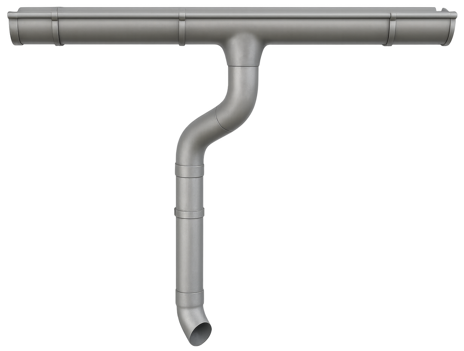 Système de gouttière en métal gris avec descente pluviale.