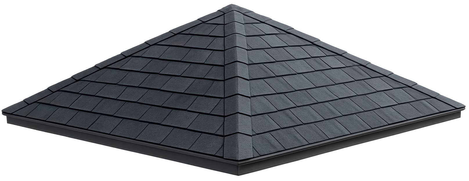 Un toit gris foncé en forme de pyramide, recouvert de tuiles de type bardeau.