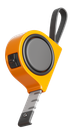 Mètre ruban jaune et gris avec poignée et bouton de verrouillage, ruban extensible.