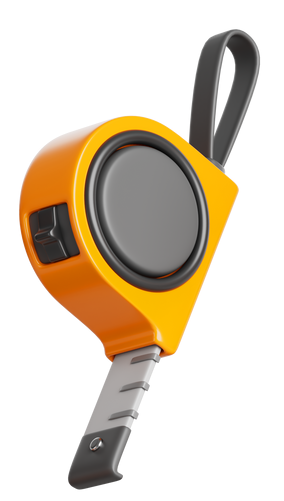 Mètre ruban jaune et gris avec poignée et bouton de verrouillage, ruban extensible.