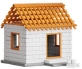 Maison de jouet en construction, avec des murs en briques blanches et une charpente de toit en bois.