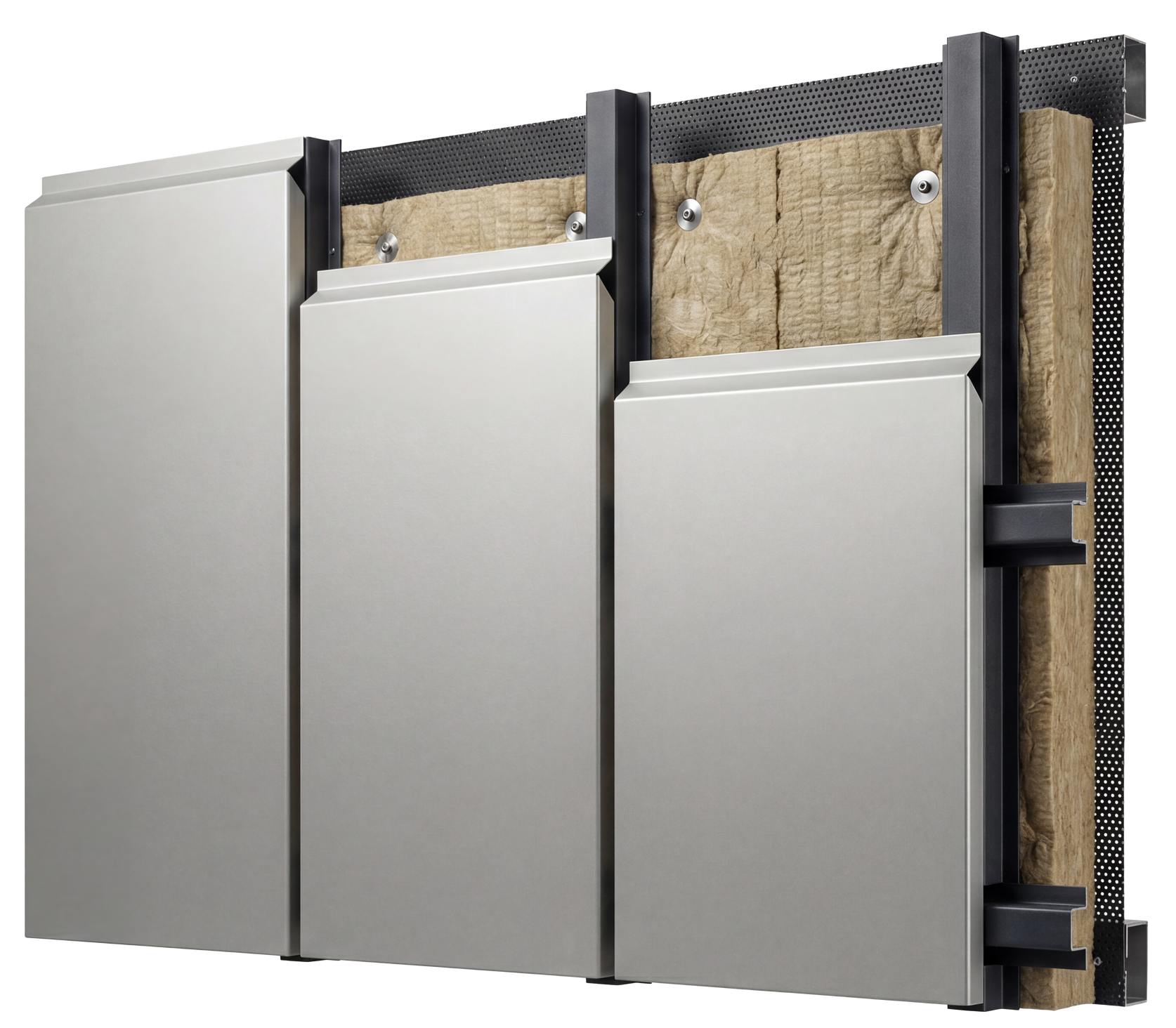 Vue en coupe d'une façade de bâtiment montrant les panneaux métalliques, l'isolation et la structure porteuse.