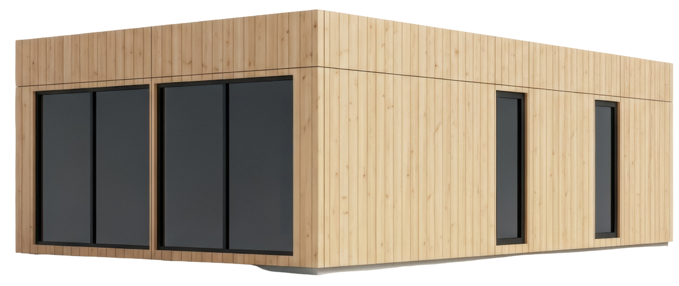 Cabane moderne en bois avec de grandes fenêtres en verre foncé et de petites fenêtres à cadre noir.
