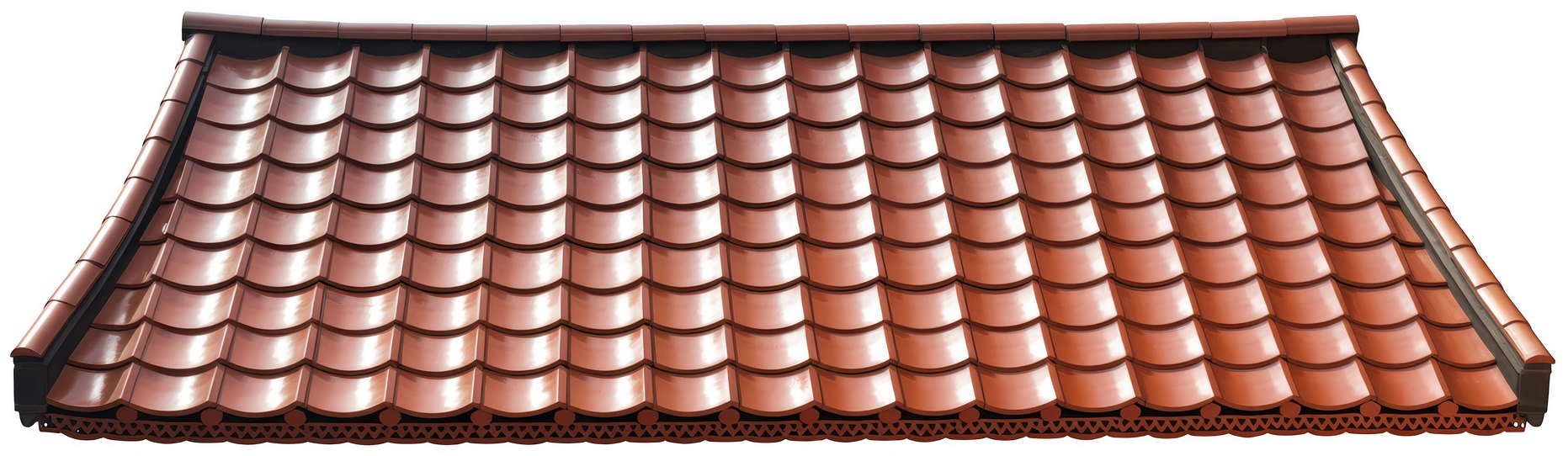 Toiture en tuiles de terre cuite brune.