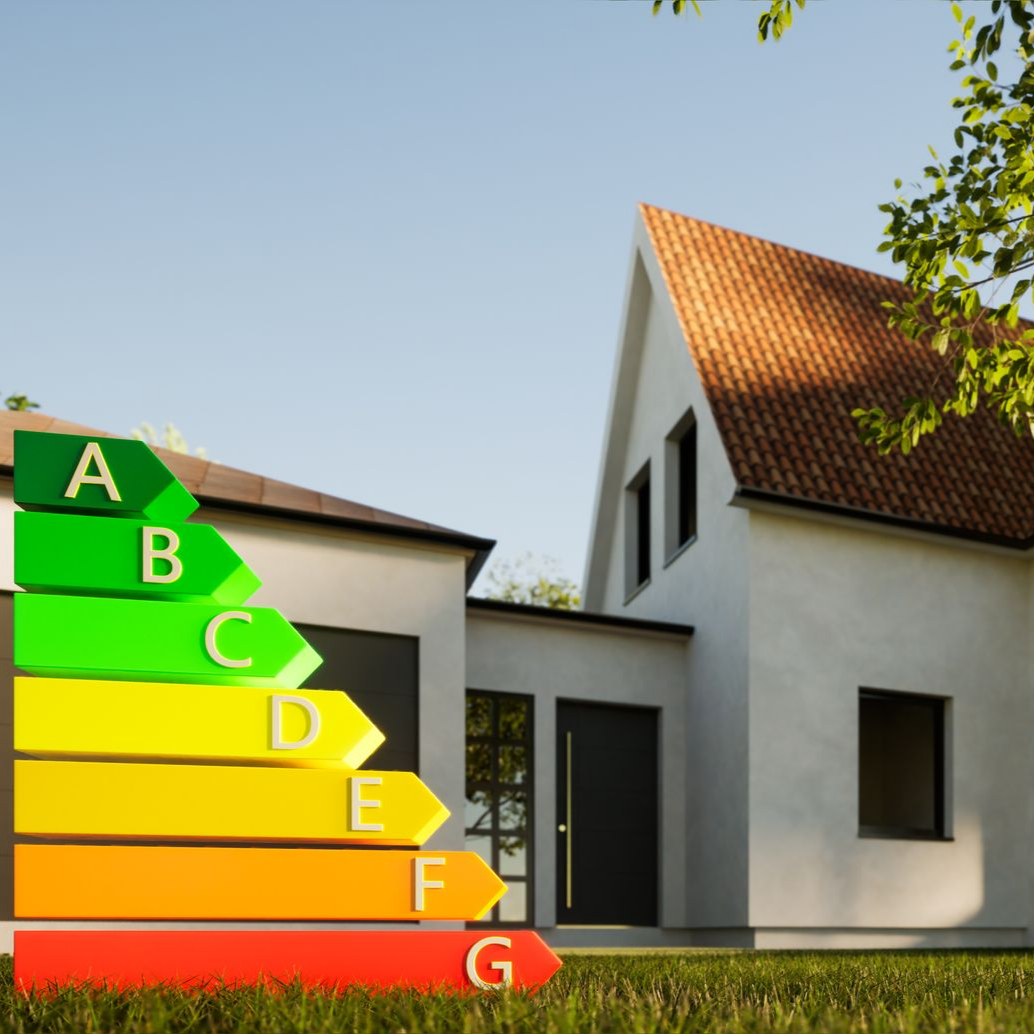 Maison avec un classement énergétique allant de A (vert) à G (rouge), indiquant une performance énergétique d'élevée à faible.