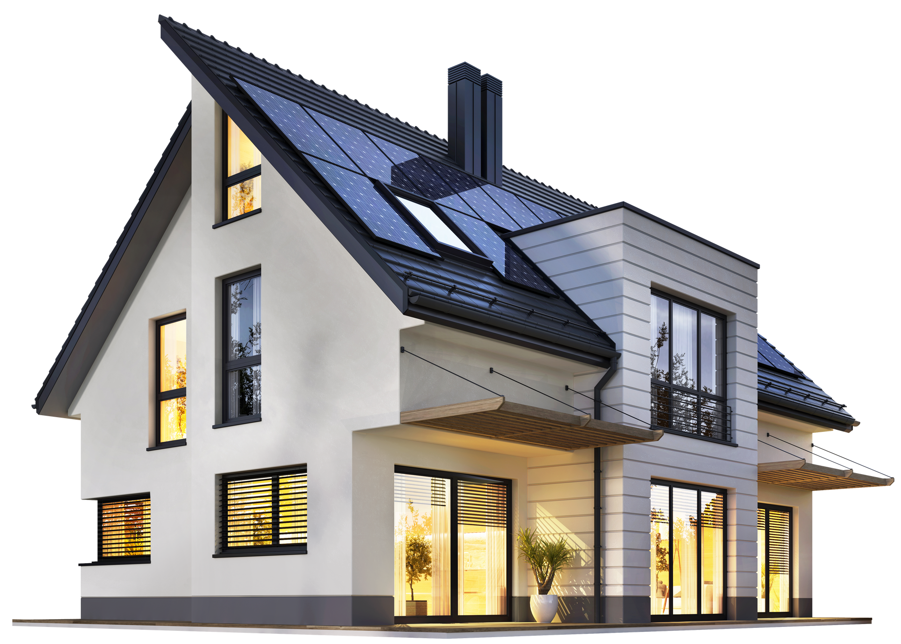 Maison moderne de deux étages avec toit noir et panneaux solaires. Grandes fenêtres, façade blanche, éclairage intérieur chaleureux.