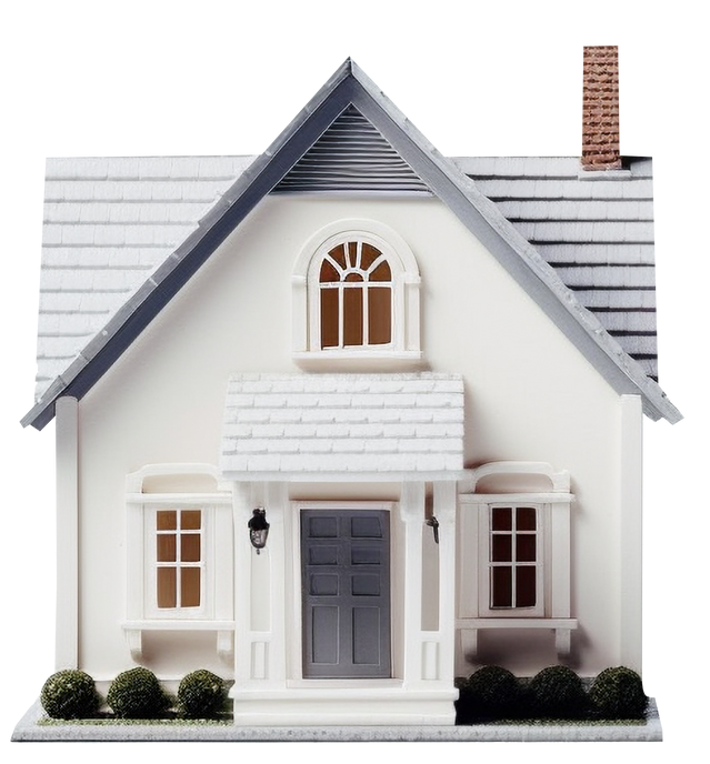 Maison témoin avec façade blanche, toit et porte gris, cheminée en briques.