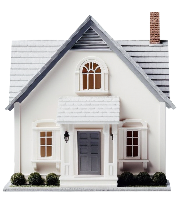 Maison témoin avec façade blanche, toit et porte gris, cheminée en briques.