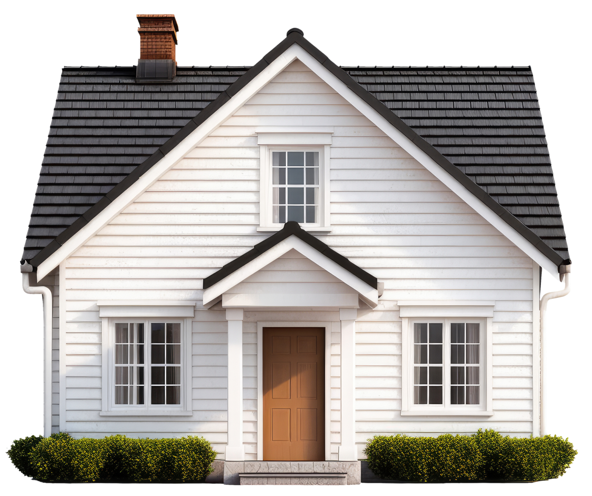 Maison blanche au toit noir et à la porte marron, entourée de buissons verts.