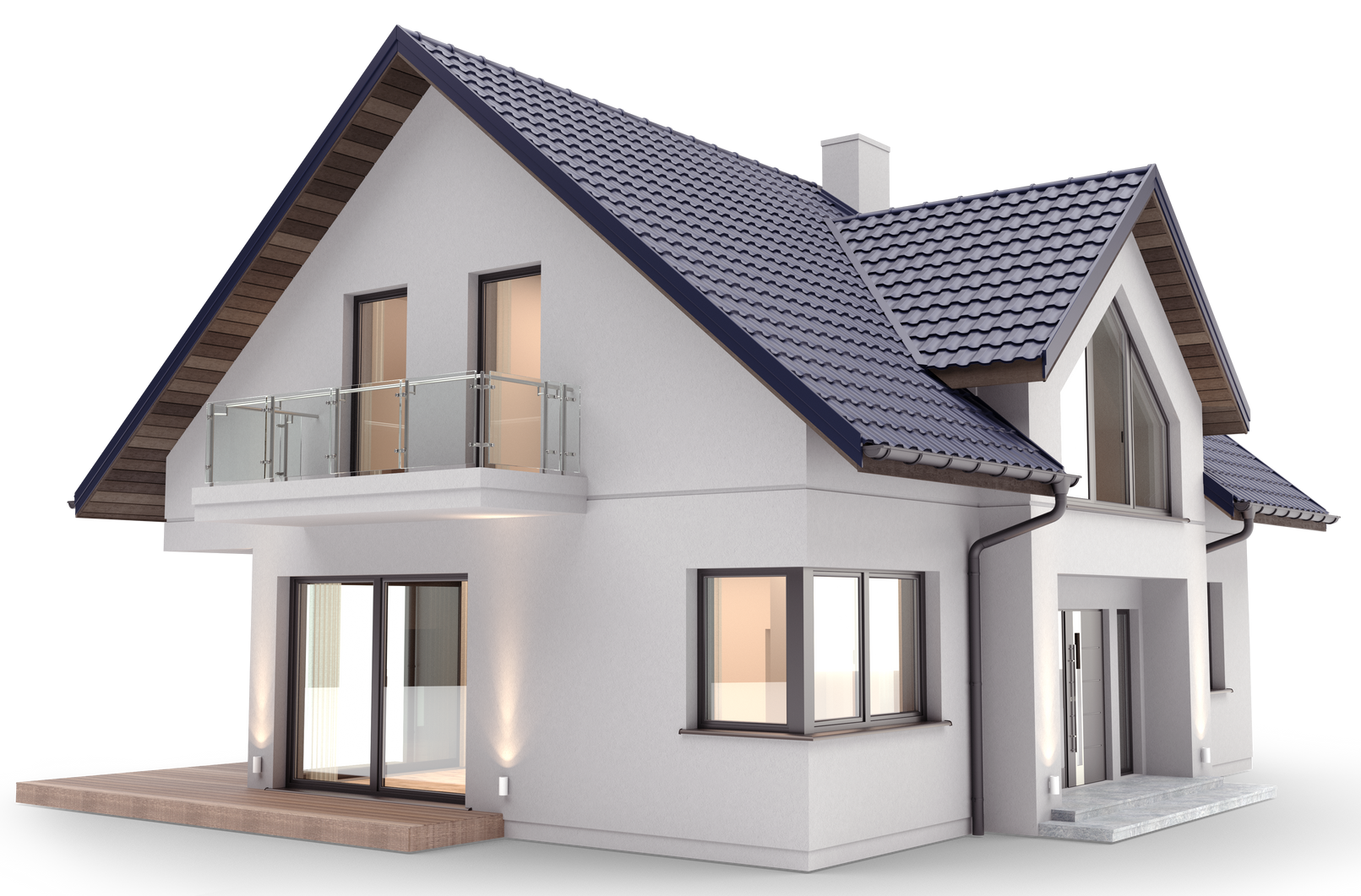 Maison blanche à deux étages avec toit bleu foncé, balcon et grandes fenêtres.