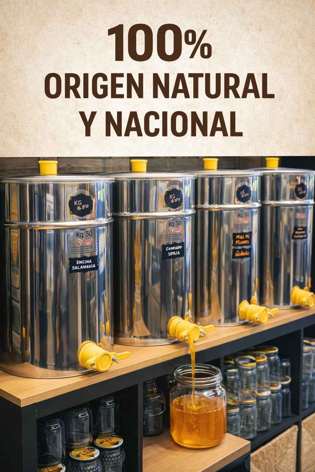 Dispensadores de miel, etiquetados, dispensando miel en un frasco de vidrio. Texto 