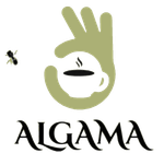 Logotipo: Mano verde haciendo el signo de OK alrededor de una taza de café; "ALGAMA" debajo.
