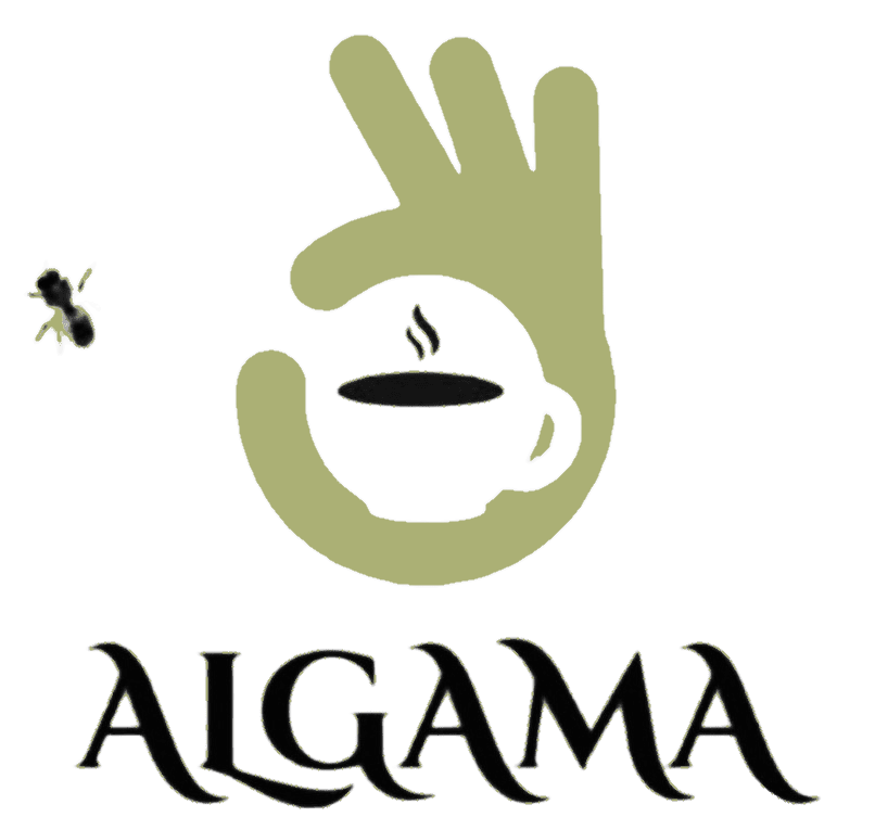 Logotipo: Mano verde haciendo el signo de OK alrededor de una taza de caf&eacute;; "ALGAMA" debajo.