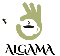 Logotipo: Mano verde haciendo el signo de OK alrededor de una taza de café; "ALGAMA" debajo.