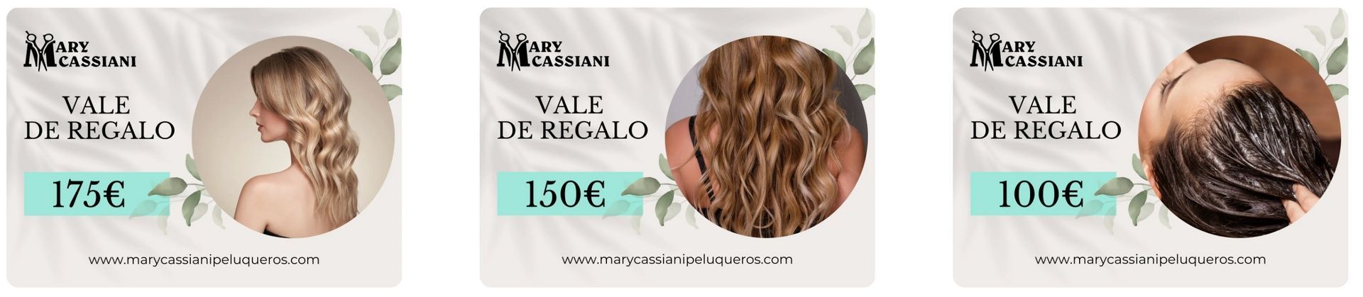 Tres tarjetas regalo de belleza con diferentes peinados y precios: 175€, 150€ y 160€.