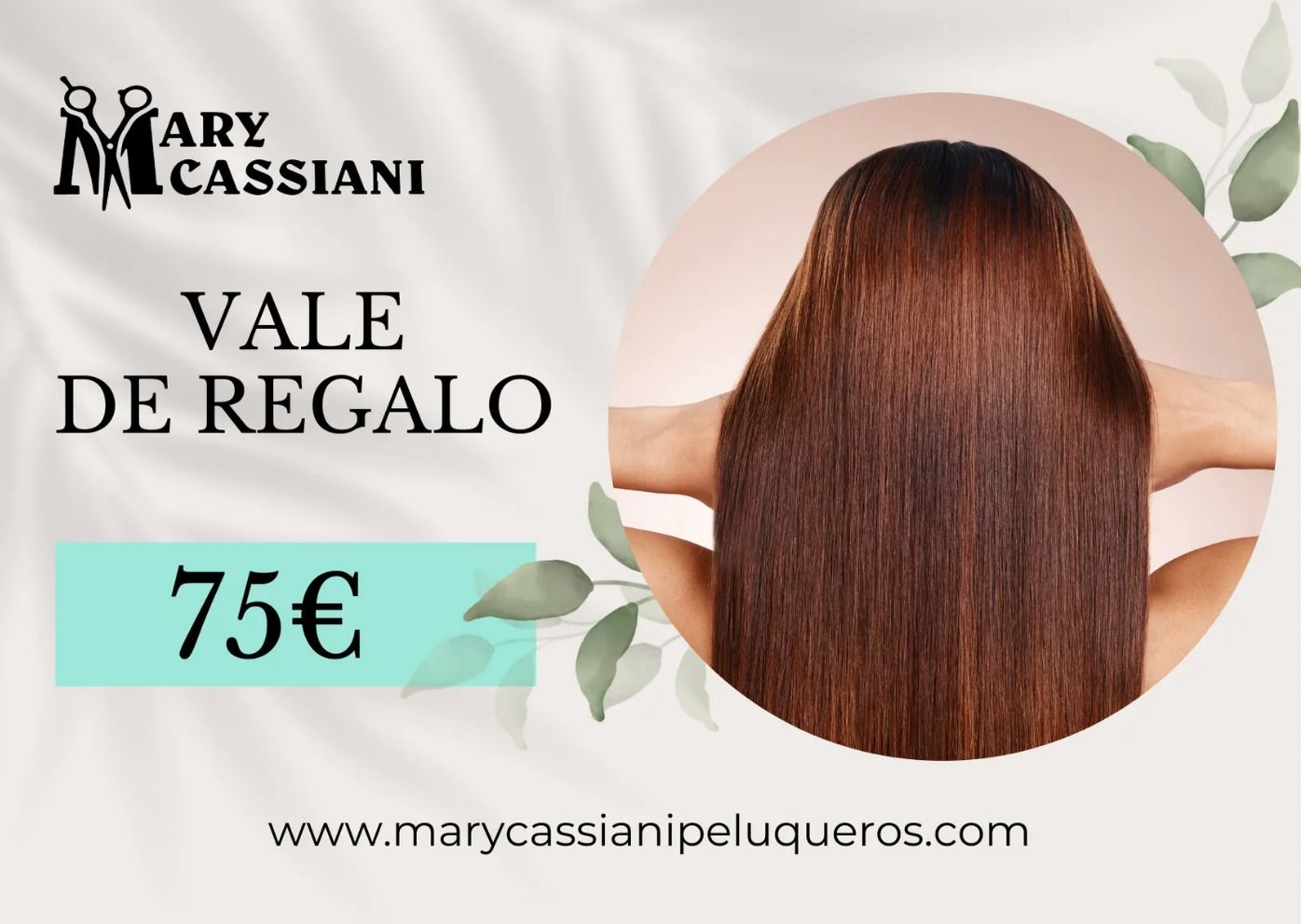 Vale regalo para peluquería, con imagen y texto “Vale de Regalo 75€” sobre un fondo verde claro y beige.