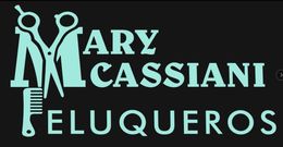 Logotipo de Mary Cassiani Peluqueros. Texto verde azulado sobre fondo negro. Presenta la letra 