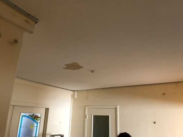 Plafond abîmé avec peinture écaillée dans une pièce peu meublée avec portes et fenêtre