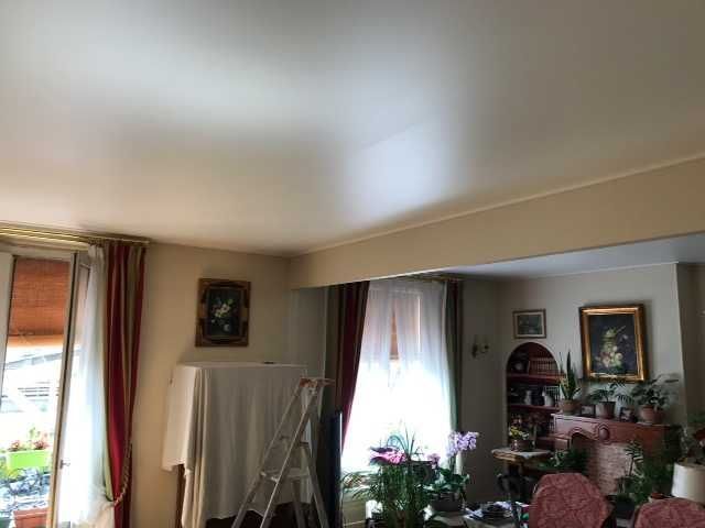 Salon avec grand miroir, fleurs en pot, serviette suspendue et fenêtres avec rideaux.