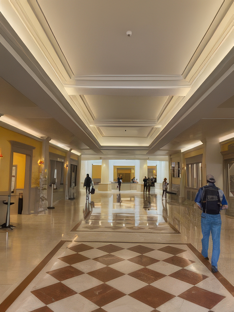 Grand couloir intérieur avec sols cirés, carrelage géométrique et quelques personnes.