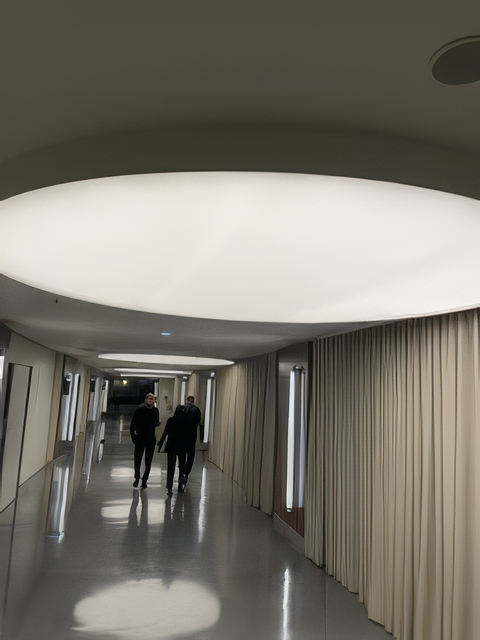 Une personne se tient debout dans une pièce lumineuse au plafond sombre et aux spots encastrés.