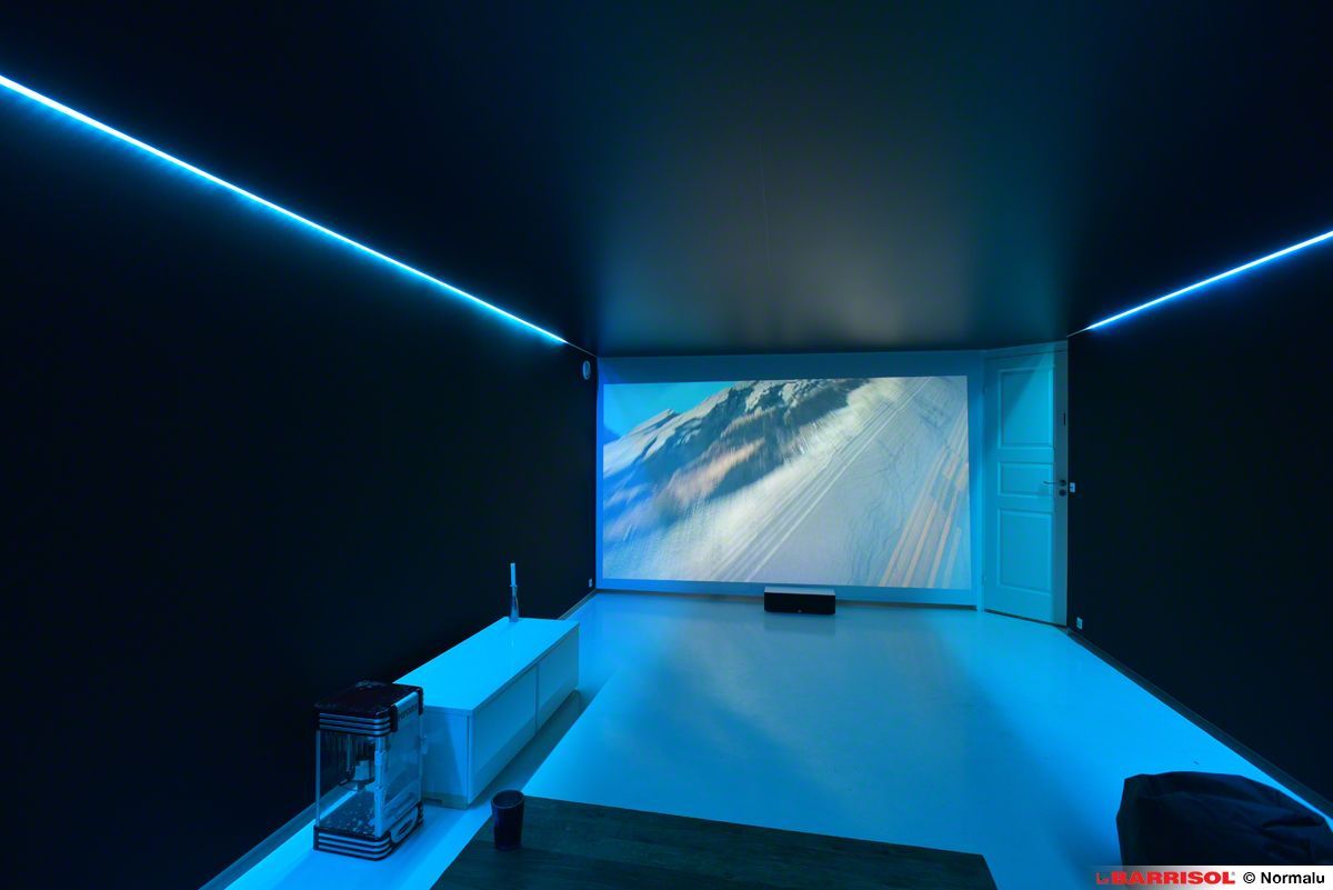 Auditorium moderne éclairé en bleu avec un grand écran de projection et une scène aménagée