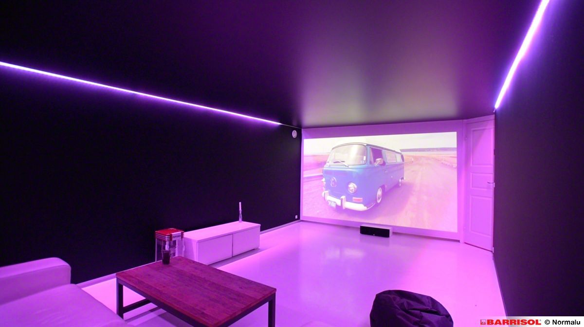 Salle multimédia éclairée en violet avec projection vidéo sur grand écran, canapé et table basse