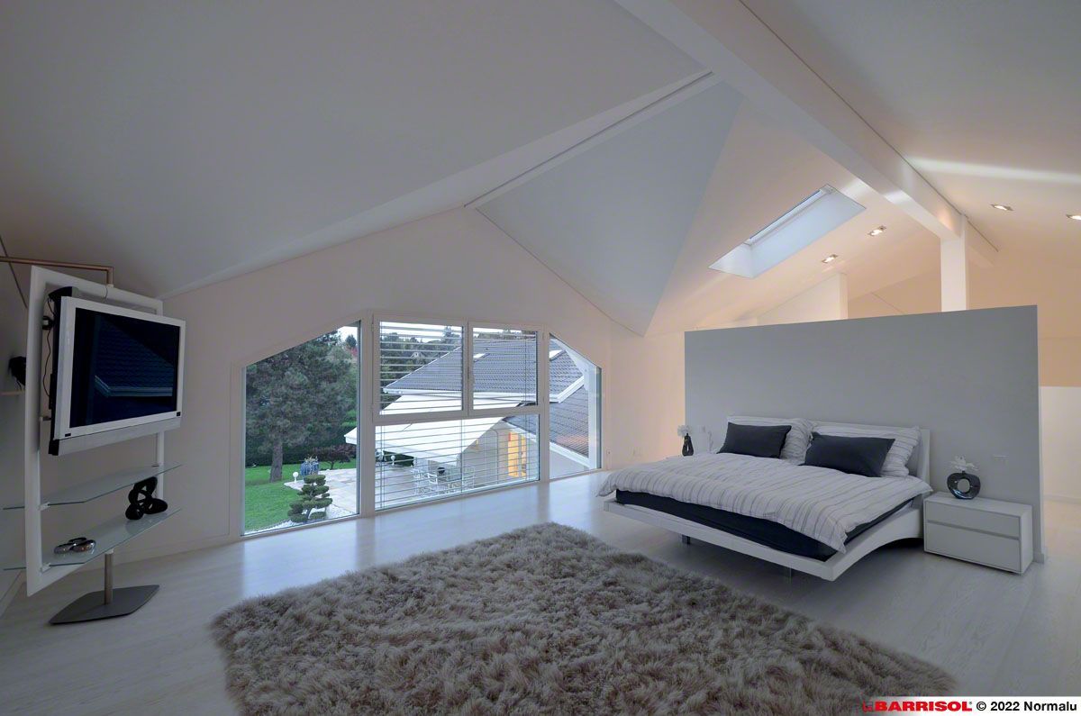 Chambre moderne et lumineuse avec un lit, une télévision murale, un tapis et de grandes fenêtres.