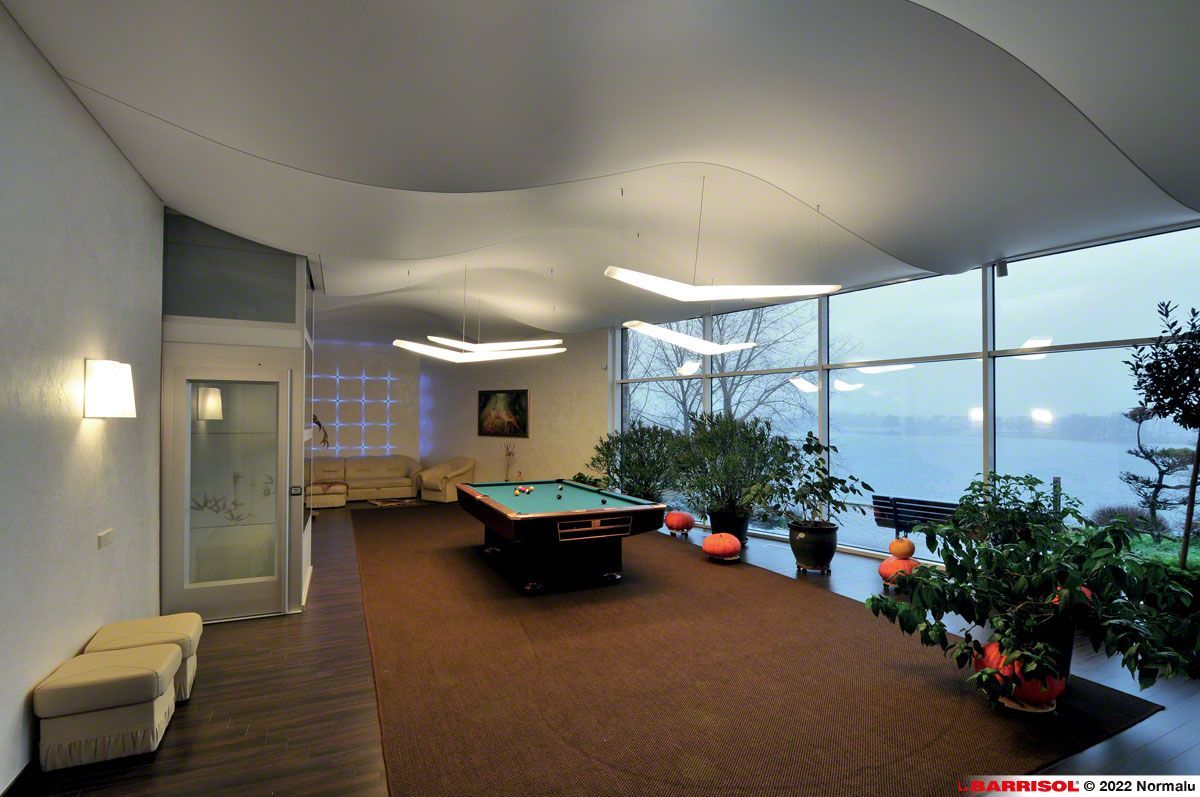 Pièce lumineuse avec table de billard, plantes en pot et baies vitrées donnant sur les arbres et l'eau.