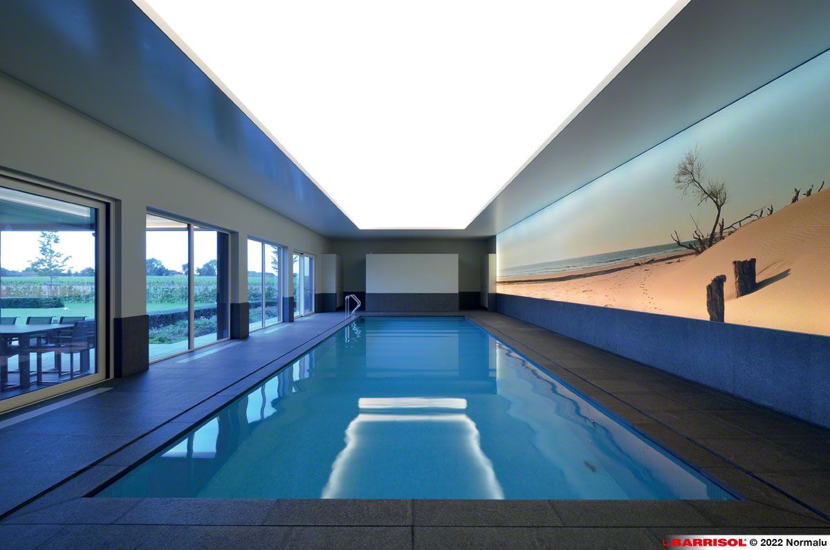 Piscine intérieure avec une grande verrière, une eau bleue et des baies vitrées donnant sur une terrasse.