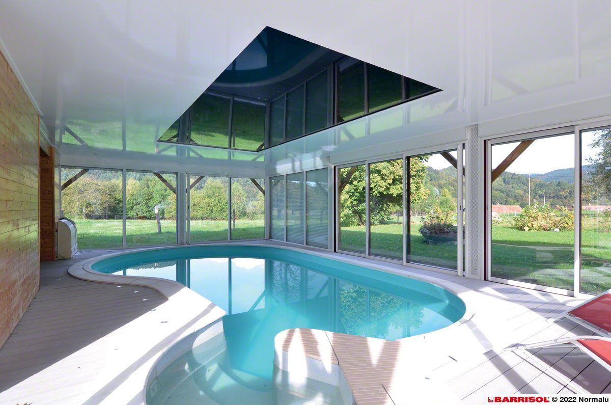 Piscine intérieure avec parois en verre incurvées et puits de lumière, donnant sur un paysage verdoyant.