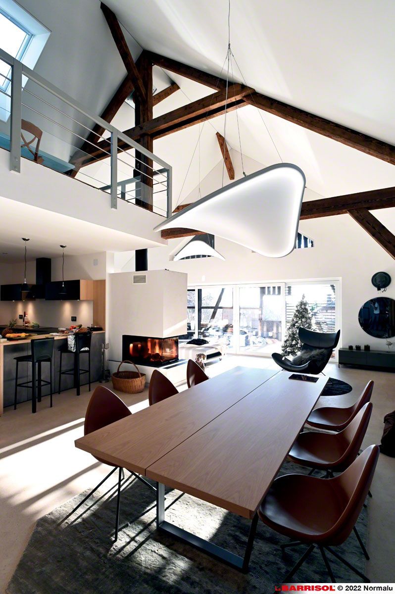 Coin repas moderne de style loft avec poutres apparentes, suspension lumineuse et longue table en bois.