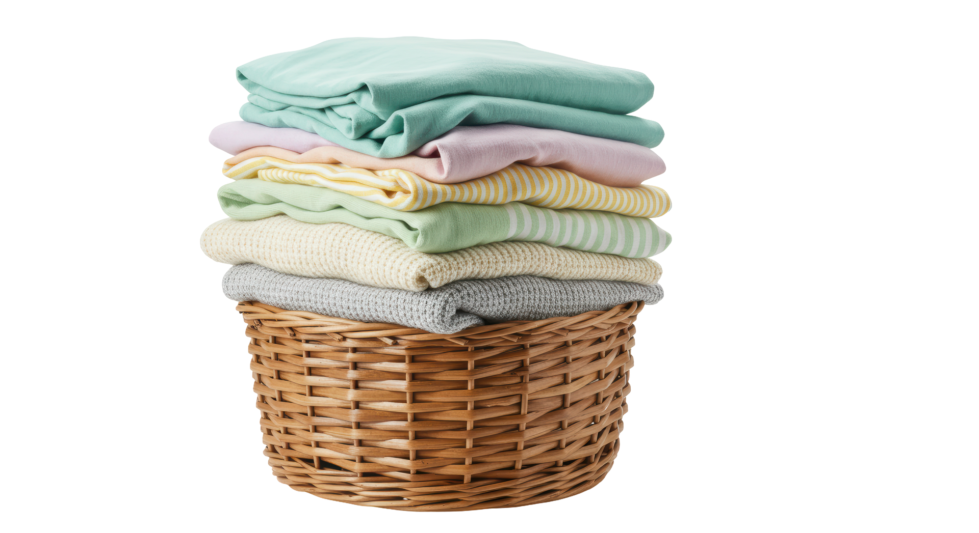 Panier en osier rempli de serviettes et de couvertures pastel soigneusement pliées.
