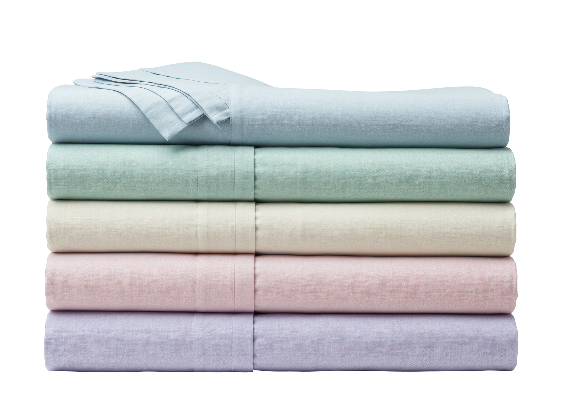 Pile de draps pastel pliés, bleus, menthe, crème, roses et lavande.