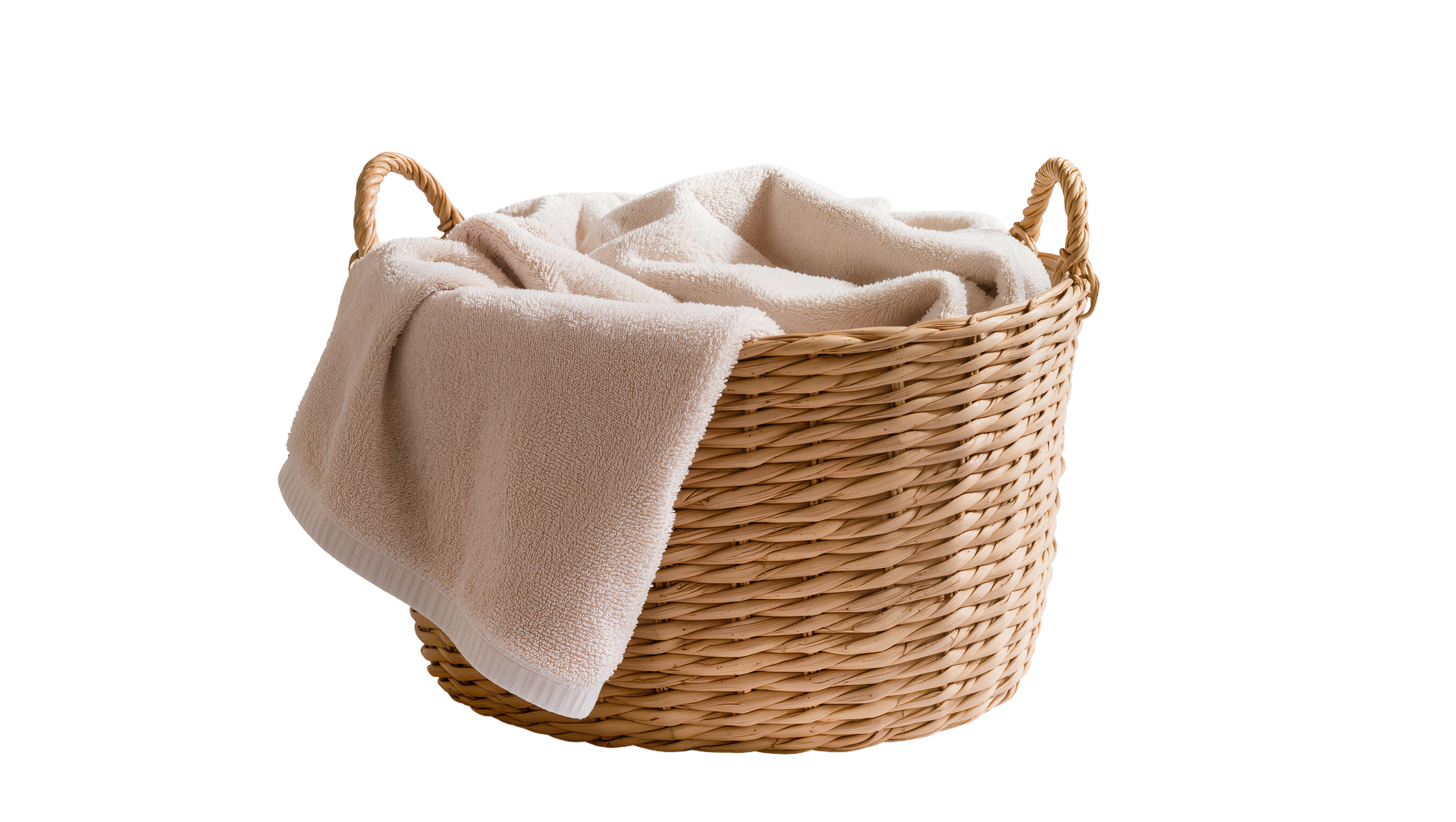 Panier à linge en osier avec une couverture beige drapée sur le côté.