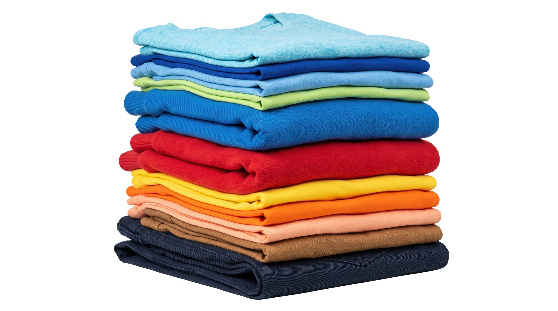 Pile de serviettes colorées soigneusement pliées, bleues, vertes, jaunes, rouges, orange et bleu marine.