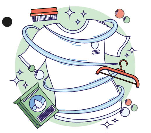 T-shirt, brosse et vêtements pliés entourés d’étincelles et bulles.
